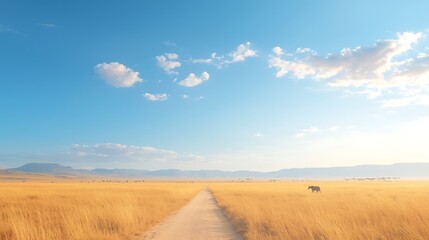 Fototapeta premium Serene african savannah landscape with a lone elephant and a winding path