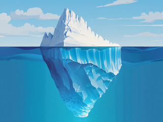 Illustration of a large iceberg with most of its mass hidden beneath the blue ocean surface, symbolizing a hidden danger or unknown depth.