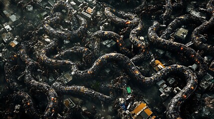 Abstract aerial view of twisted city streets