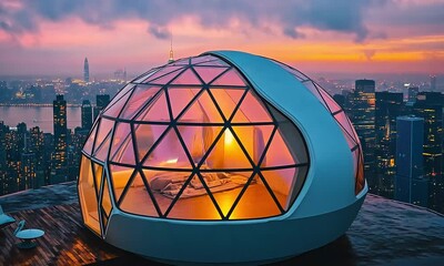 Futuristic rooftop retreat in city at sunset: A modern geodesic dome apartment in urban landscape - Powered by Adobe