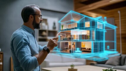 Interactive augmented reality house design with holographic 3d blueprint in modern living space - Powered by Adobe