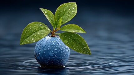 A lush green sprout emerges from a dew covered blue sphere floating on water