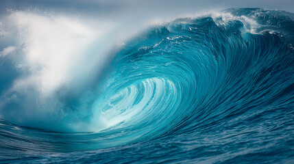 Huge beautiful blue wave against the blue sky, view from inside.