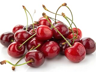  Sweet red cherries in a small heap on white background, high resolution.

