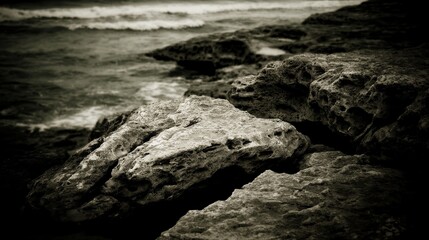 Rocky shore meets ocean, with wave action in a monochrome, slightly blurred vignette
