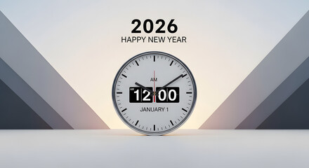 A clock showing 12:00 on January 1st, 2026, with "Happy New Year" text above, set against a geometric background.