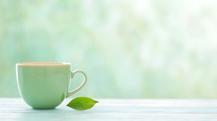 Serene green tea cup and fresh leaf on a light blue wooden surface