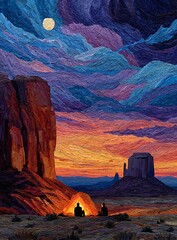 Monument Valley Night Campfire Scene Two Silhouettes Sitting by a Bright Orange Fire Under a Vivid Purple and Blue Night Sky Full Moon Dramatic Impasto Painting Style