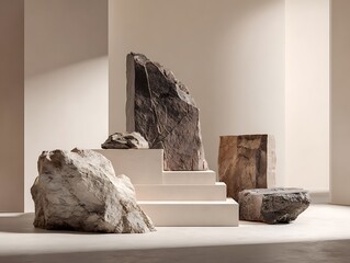 stone slabs product display abstract minimal scene geometric cream chocolate podium and platforms 3d rendering stand for cosmetic products showcase studio