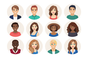 People Avatar Icons: A set of illustrated avatars, representing a diverse range of individuals, each framed within a minimalist circular design, conveying versatility and connection.