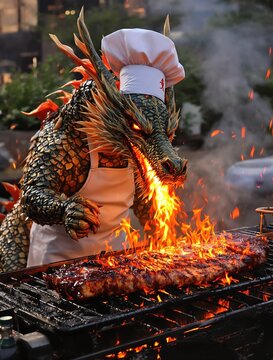 Naklejki BBQ Dragon Chef Searing Ribs with Fire Breath Sizzling Food
