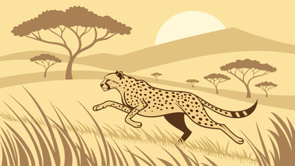 Cheetah running in savannah landscape vector illustration african wildlife scene nature background graphic art