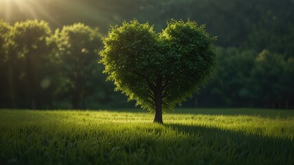 Fototapeta premium A heart-shaped tree stands alone in a sunlit green field, nature's beauty.