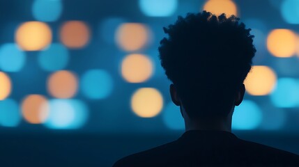 Man silhouetted against a bokeh background of blue and orange lights