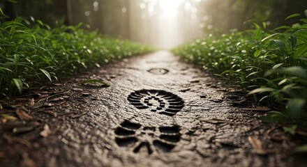 A pathway through a forest, marked by a single boot print, leading to a bright, sunlit opening.