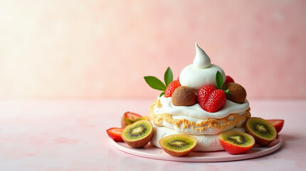 Australian pavlova dessert sits atop a soft, gradient pastel background
