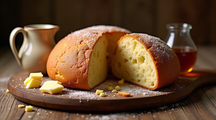 a traditional Australian damper bread, round in shape with a rustic