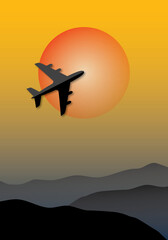 Silhouette of plane or airplane with red moon and mountain on orange sky background. Concept for travel, air transport, Business trip and passenger airliner. Copy space. Paper cut style. Vertical.