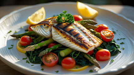 grilled barramundi fillet, cooked to perfection with a slightly charred crust