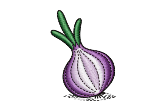 Embroidered purple onion with green sprouts white
