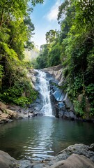 Fototapeta premium Lush Waterfall in Tropical Rainforest Nature Photography