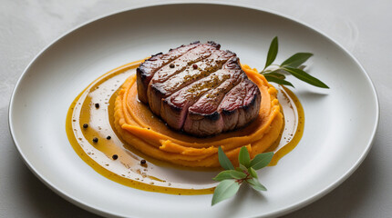 pan-seared kangaroo steak, cooked to a perfect medium rare