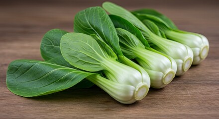 Fresh Bok Choy, Vibrant Green and White, on Wooden Surface