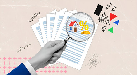 Illustration of hand examining document with magnifying glass showing house and percentage