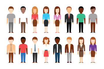 Diverse Group of People Illustrations: A set of flat vector illustrations showcasing a diverse group of people standing together in various outfits and skin tones.
