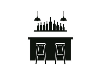 Bar counter with bottles and stools silhouette isolated on transparent background