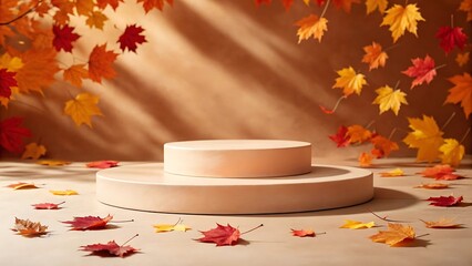 Autumnal Beige Product Display Platform: Two-Tiered Stand with Falling Maple Leaves and Warm Sunlight.