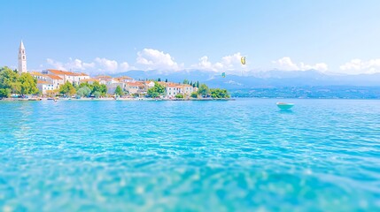 Idyllic mediterranean coastal town with turquoise waters and distant mountains
