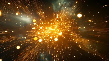 Abstract explosion of golden particles in a cosmic space, creating a sense of motion and depth - Powered by Adobe