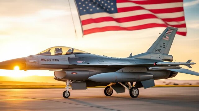Fighter jet on runway at sunset with american flag military aircraft in action patriotism and national pride warplane aviation national pride image