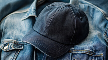 Cap placed on denim jacket, lifestyle style
