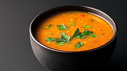 Hearty lentil soup garnished with fresh parsley in a dark bowl