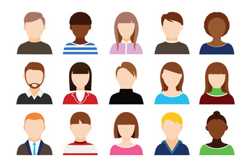 Diverse People Avatar Set: A collection of fifteen flat-style vector avatars represents a diverse group of faceless people, perfect for use in web design, social media, and presentations.