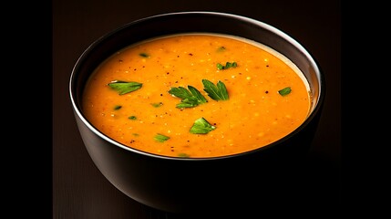 A close up of a bowl of hearty orange lentil soup garnished with parsley