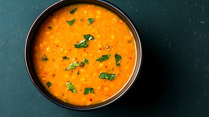 Hearty red lentil soup garnished with fresh parsley and red pepper flakes