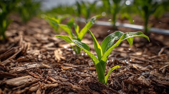 Close up of young corn plants with water droplets on leaves growing in mulch covered garden bed outdoors