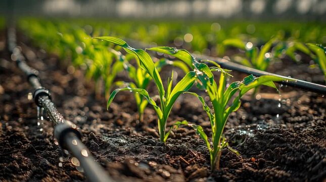A close up of young corn plants in a field with drip irrigation system on a sunny day in the field