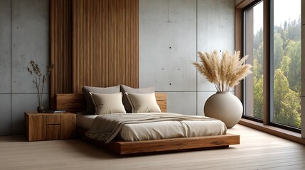 Modern bedroom with concrete walls wood accents and large window overlooking nature