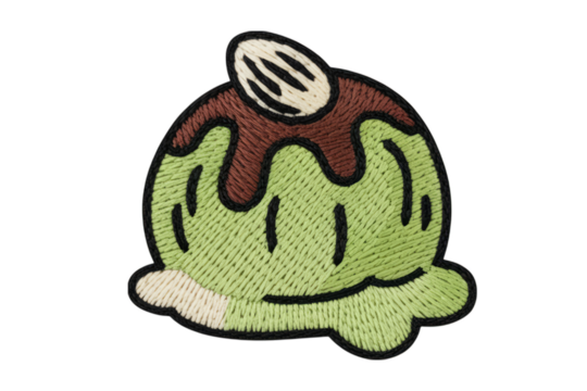 Green ice cream scoop with chocolate topping and almond