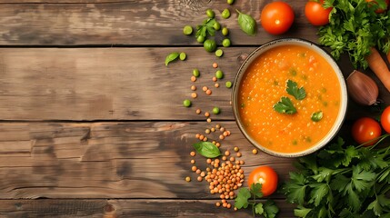 Hearty lentil soup with fresh vegetables on a rustic wooden table