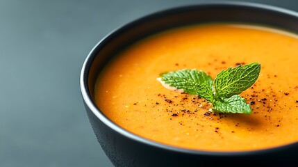 Warm and comforting bowl of orange lentil soup garnished with fresh mint