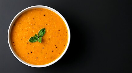 A bowl of hearty lentil soup garnished with fresh mint leaves