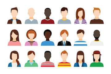 Diverse Avatar Set: Collection of diverse, faceless avatar icons representing a variety of ethnicities, hairstyles, and clothing styles.  Perfect for website profiles, social media, or app design.