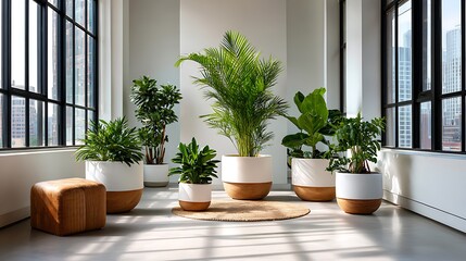 Fototapeta premium Modern interior with lush green houseplants and large windows overlooking a city