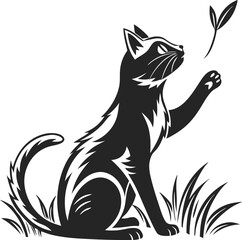 Stylized Silhouette of a Cat Reaching for a Leaf in a Patch of Grass Playful Feline Design