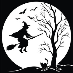 Eerie Halloween Night Silhouette of a Witch Flying on Broomstick with Bats, Tree, and Cat under a Full Moon